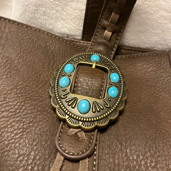 Justin Boots Brown Vegan Leather Tote with Turquoise Conchos - Picture 2 of 11